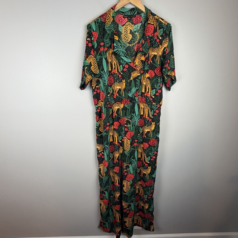 America & Beyond XL Jaguar Paradise Black Animal Print Wide Leg Jumpsuit
